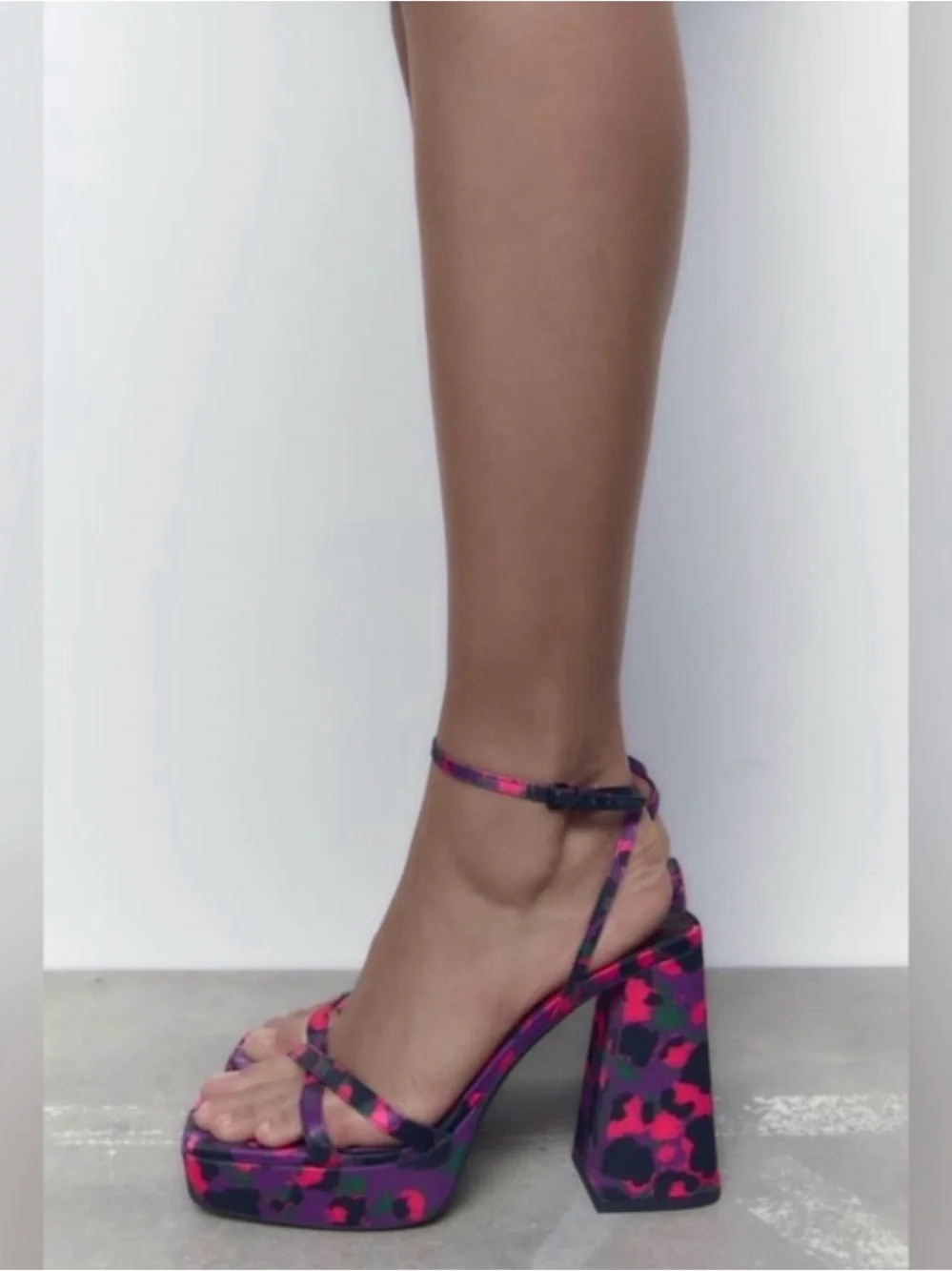 Zara Purple and Pink Printed Platform Satin Block Heels